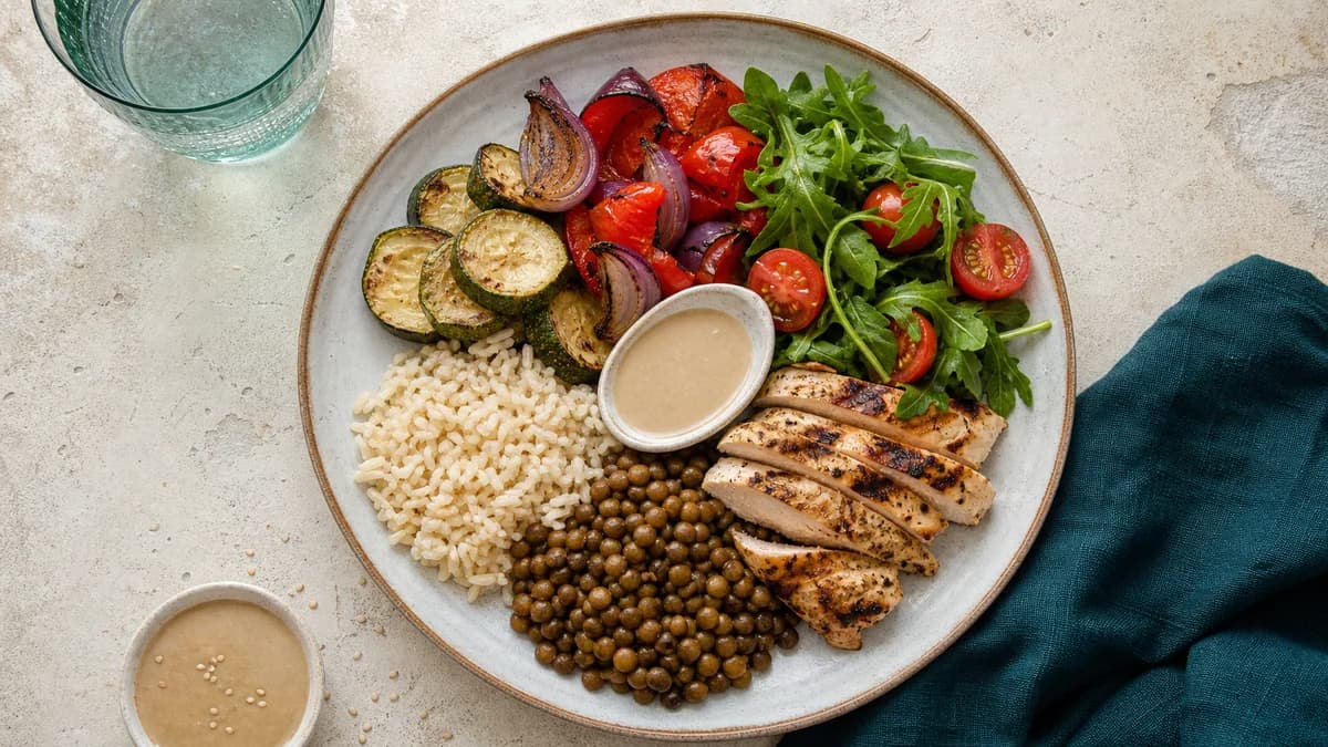 A balanced meal with vegetables, grains, beans, and a simple protein source arranged on a plate
