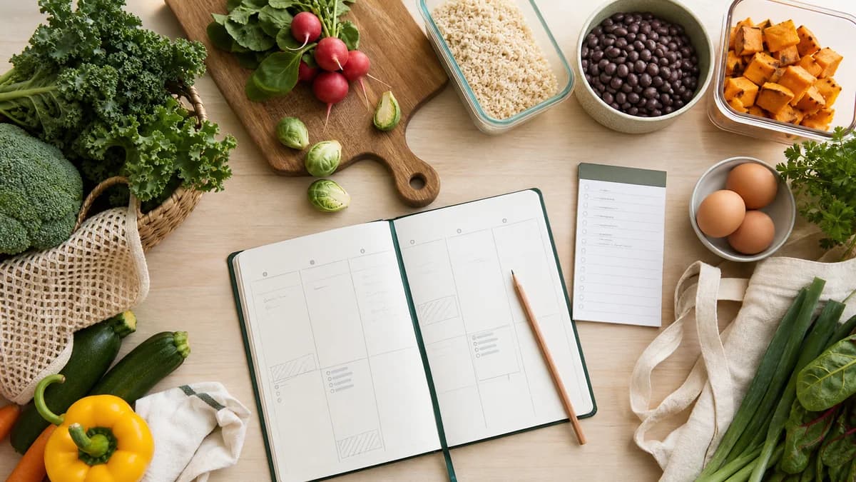 A weekly meal plan beside fresh vegetables, pantry staples, and labelled food containers on a kitchen table